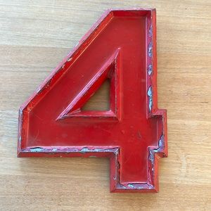 Vintage metal number sign 4 red